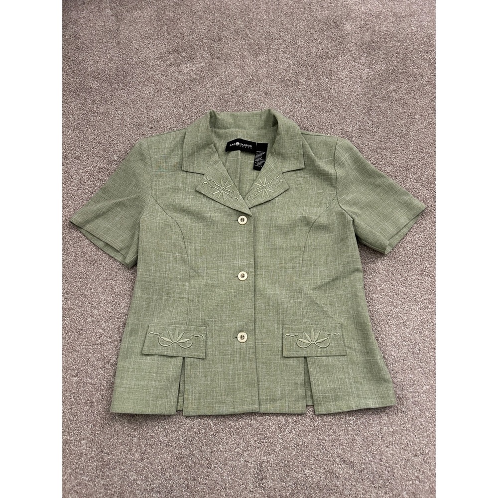 Sag Harbor Dress Top Women 14 Green Excellent Embroidered Short Sleeve Button Up